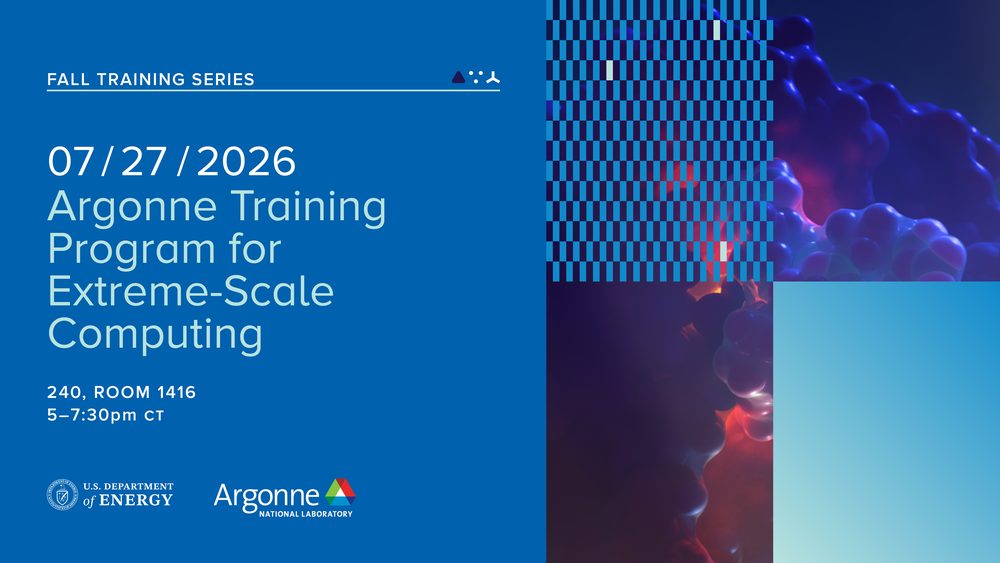 An ALCF event banner in bright blue: ‘Fall Training Series: 07/27/2026, Argonne Training Program for Extreme-Scale Computing, 240 Room 1416, 5–7:30pm CT’, beside a blue checkerboard and a dark visualisation.