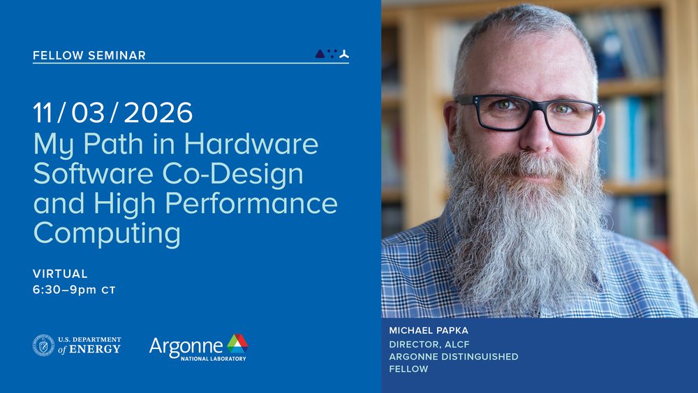 An ALCF event banner in bright blue: ‘Fellow Seminar: 11/03/2026, My Path in Hardware Software Co-Design and High Performance Computing, virtual, 6:30–9pm CT’, beside a portrait of Michael Papka, ALCF director.