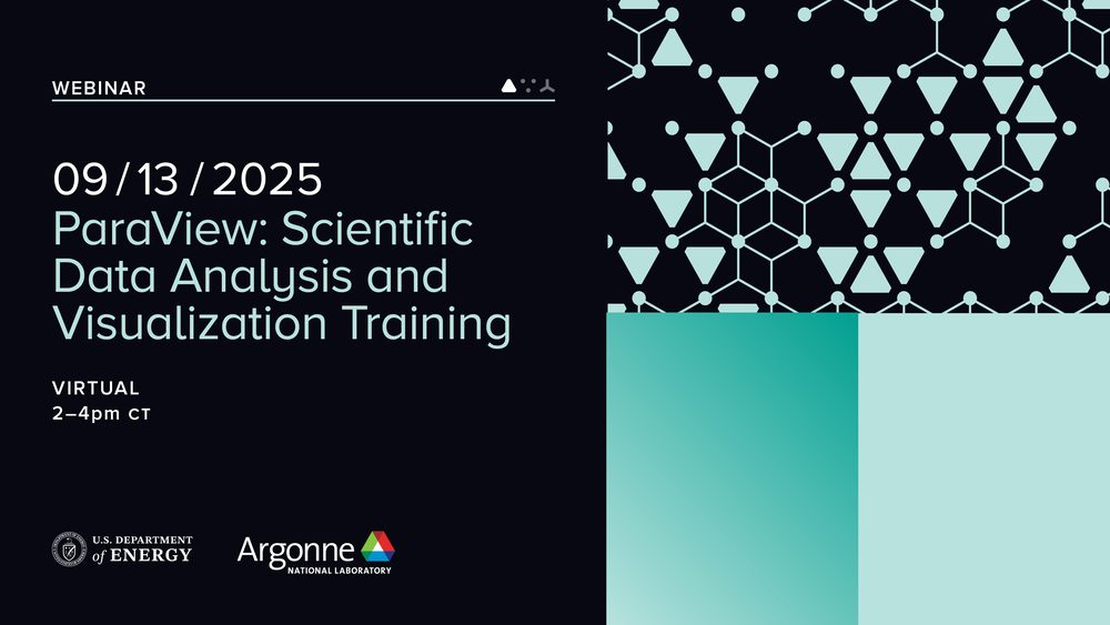An ALCF event banner in black: ‘Webinar: 09/13/2025, ParaView: Scientific Data Analysis and Visualization Training, virtual, 2–4pm CT’, beside a pale green lattice of triangles and nodes.