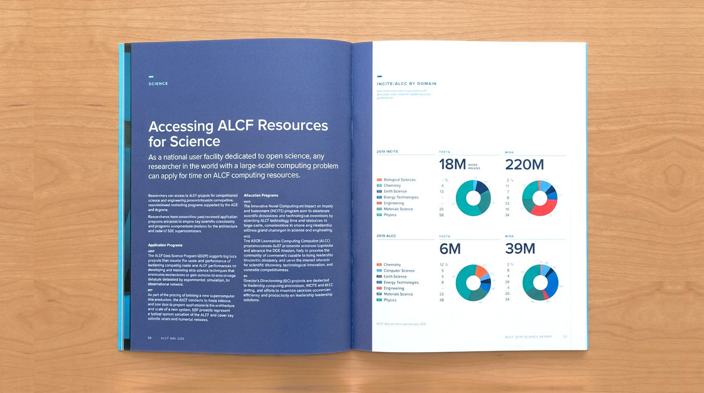 A printed ALCF science report spread on a wood table: ‘Accessing ALCF Resources for Science’ on a dark blue page, facing donut charts of INCITE and ALCC node hours broken down by research domain.