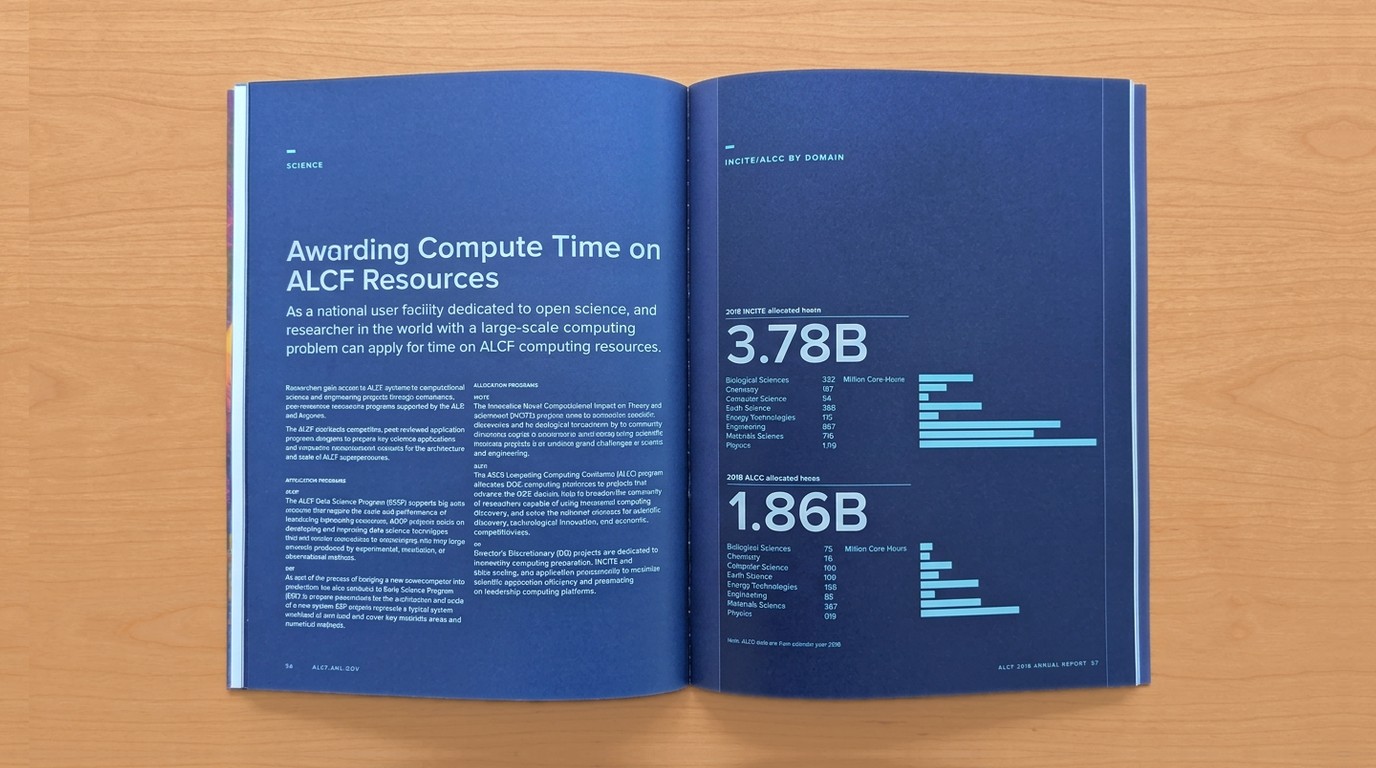 A printed ALCF annual report spread in solid blue: ‘Awarding Compute Time on ALCF Resources’, facing the year’s allocated hours, 3.78 billion and 1.86 billion, over bar charts by domain.