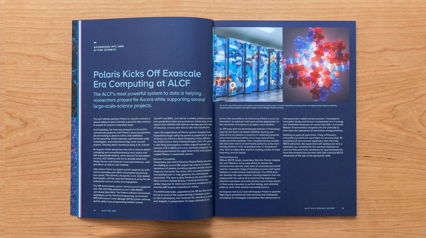 A printed ALCF report spread in dark blue: ‘Polaris Kicks Off Exascale Era Computing at ALCF’, with two columns of text facing a photograph of the machine’s illuminated racks and a molecular visualisation in red and blue.