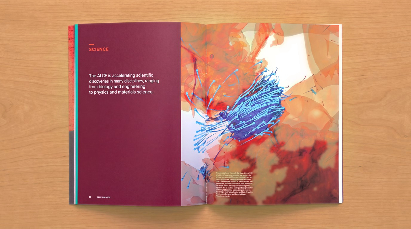 A printed ALCF science report spread: a deep maroon page reading ‘The ALCF is accelerating scientific discoveries in many disciplines’, facing a full-bleed simulation of red and white forms threaded with a dense blue filament.