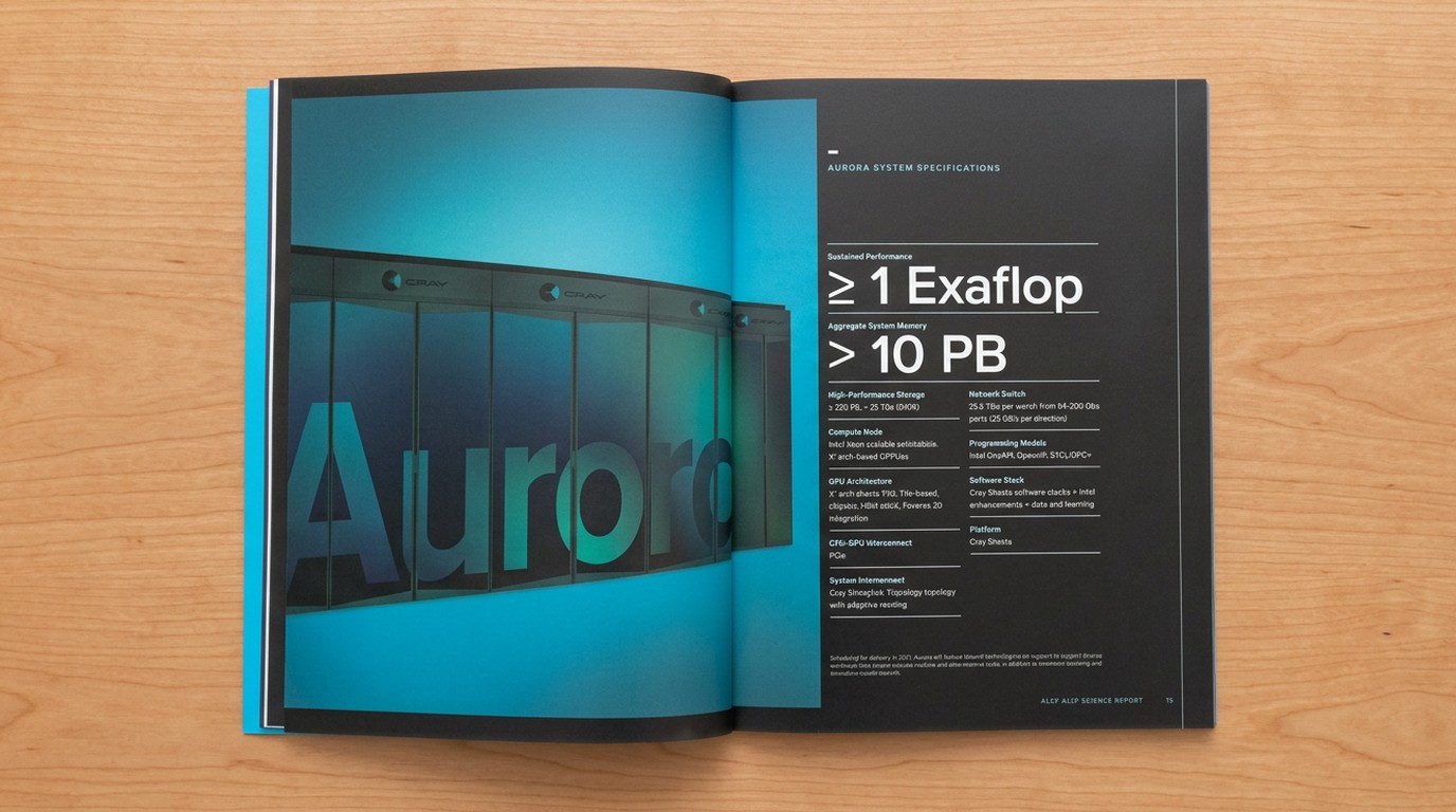 A printed ALCF science report spread in black and cyan: a photograph of the Aurora cabinets with the machine’s name across them, facing its system specifications: greater than 1 exaflop, more than 10 petabytes of memory.