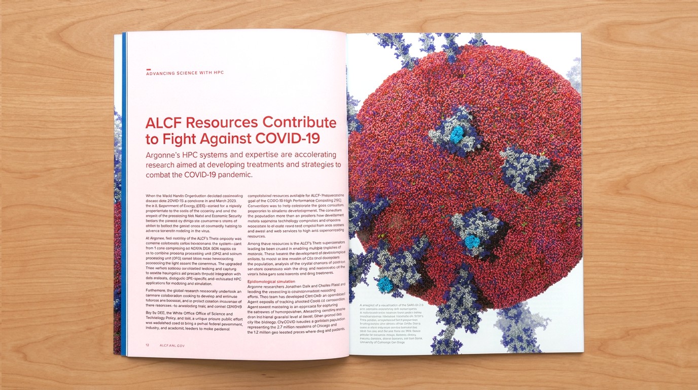A printed ALCF report spread: ‘ALCF Resources Contribute to Fight Against COVID-19’ on a pale pink page, facing a full-page simulation of a SARS-CoV-2 virion, its red spike proteins picked out in cyan.