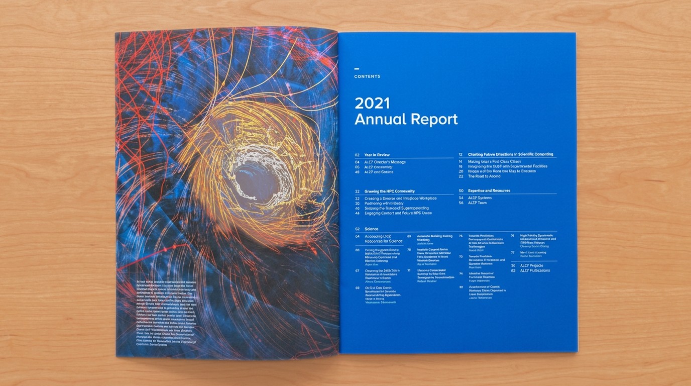 A printed ALCF annual report opened to its contents: a full-bleed visualisation of red and gold filaments swirling through blue on the left page, facing a bright blue contents page headed ‘2021 Annual Report’.
