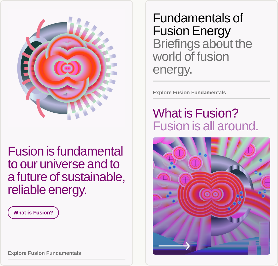 Two U.S. Fusion Energy mobile pages: Home and Fusion Fundamentals.