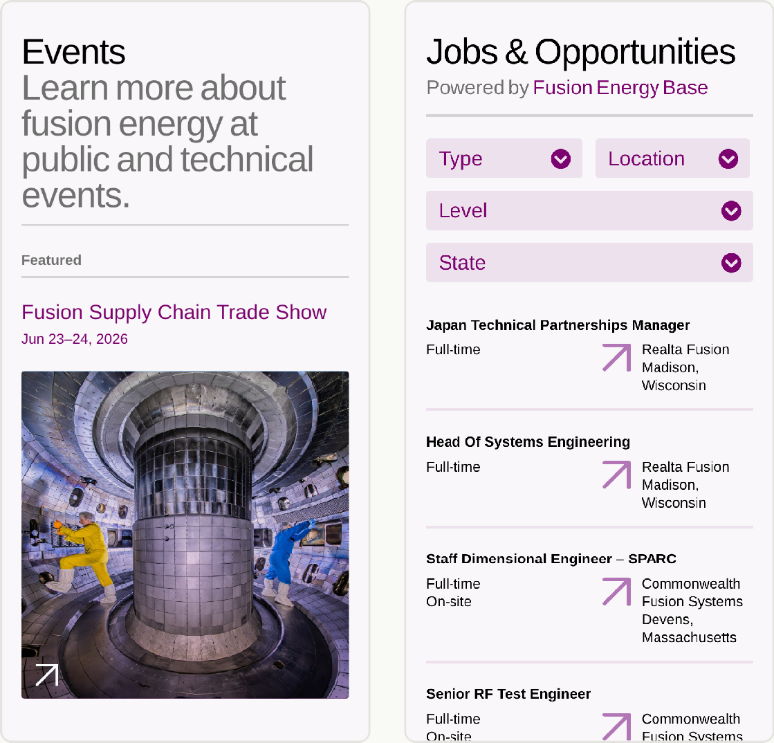 Two U.S. Fusion Energy mobile pages: Events, with a featured trade show and tokamak photo, and a filterable jobs board.