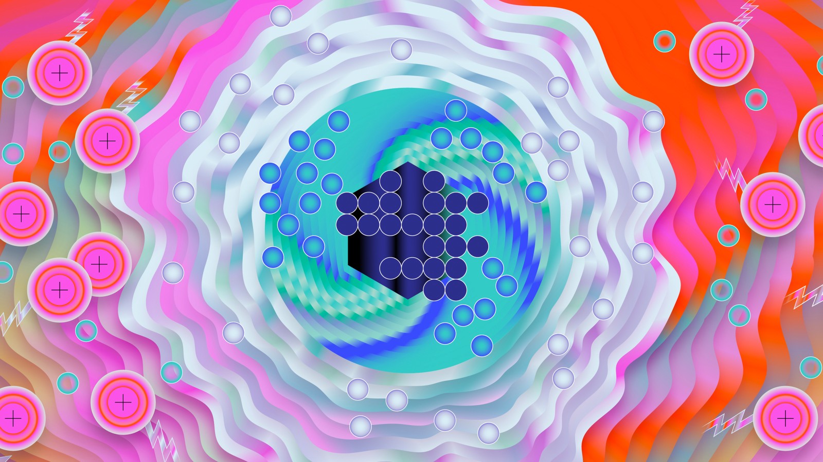 Fusion illustration: a particle cluster in a teal swirl, ringed by rippling pink and white waves and glowing positive ions.
