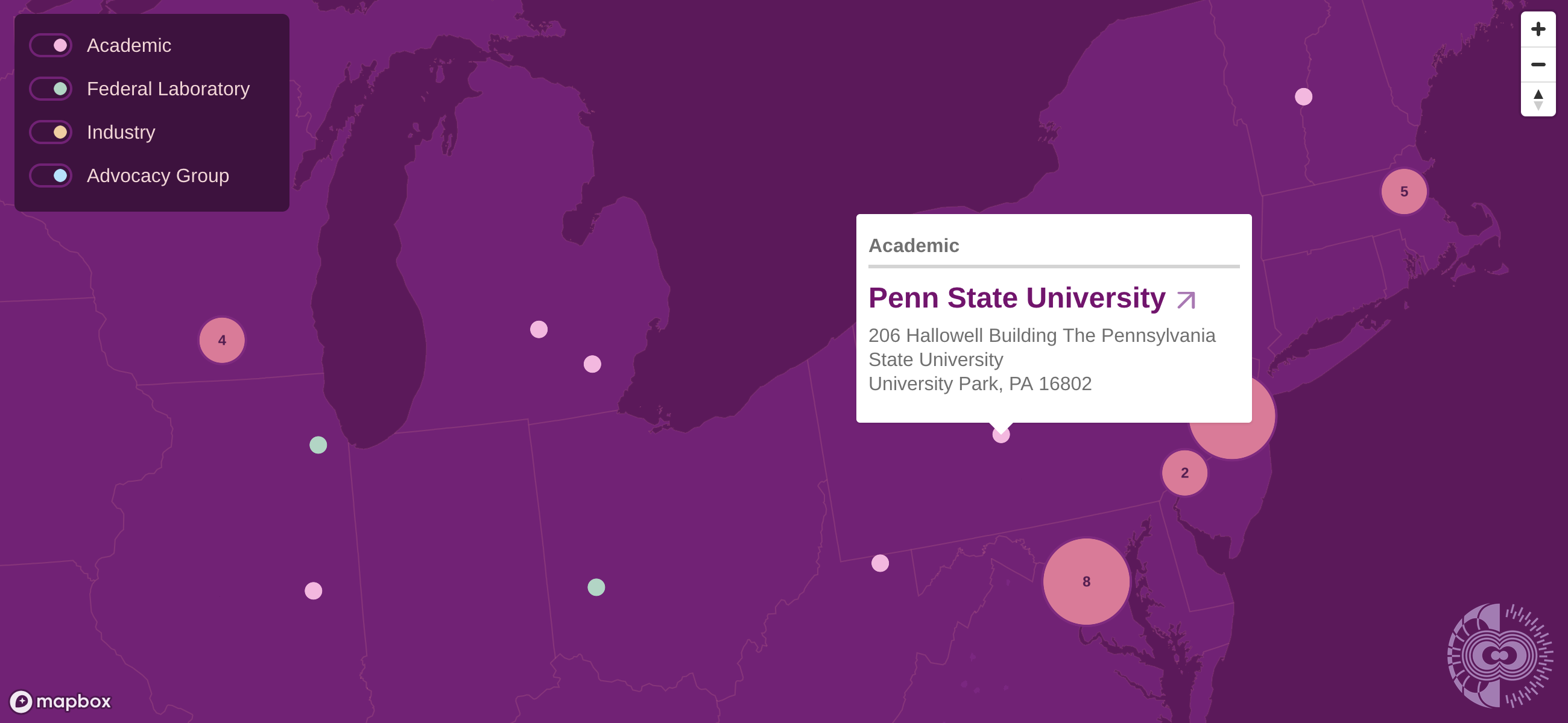 Interactive map graphic with filterable clustered points and an open info pane