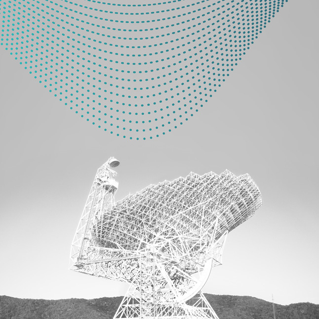 The Green Bank Telescope, its white lattice dish tilted skyward above a dark ridge, with arcs of teal dots curving across the sky above it.