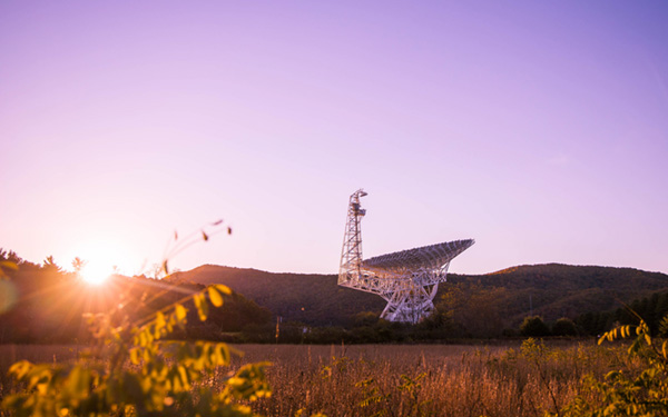The Green Bank Telescope on a distant ridge at sunset, wildflowers in the foreground against a violet sky.