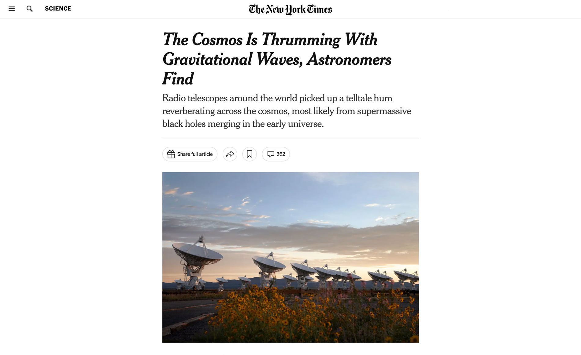 The New York Times science page: 'The Cosmos Is Thrumming With Gravitational Waves, Astronomers Find', above a photograph of the Very Large Array's dishes at dusk with wildflowers in the foreground.
