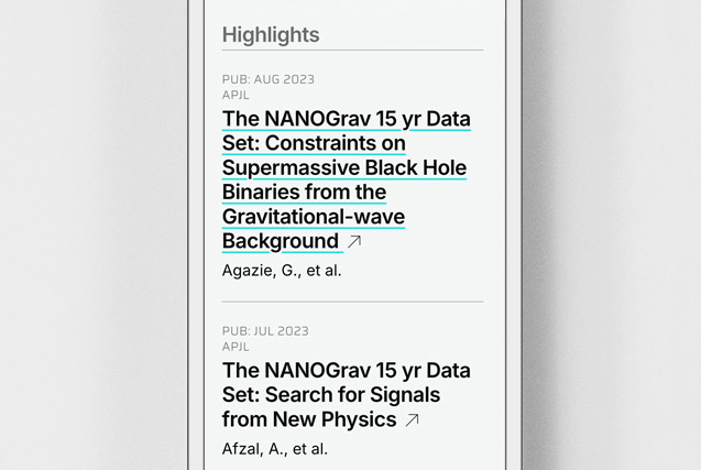 The site on a phone: a Highlights list of NANOGrav papers, each with its publication month, journal, linked title and first author.