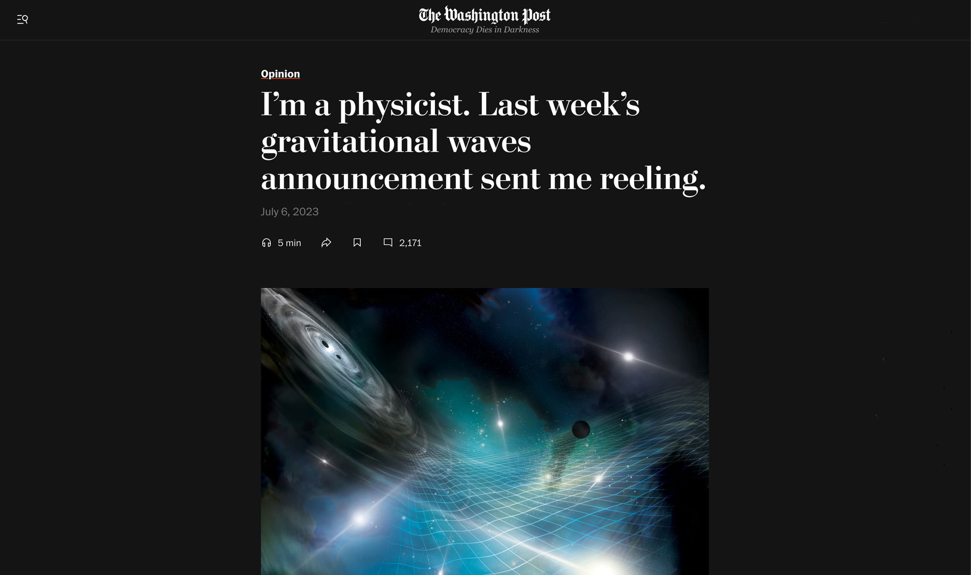 The Washington Post opinion page: 'I&rsquo;m a physicist. Last week&rsquo;s gravitational waves announcement sent me reeling.', above an illustration of a black hole warping a blue grid of spacetime.