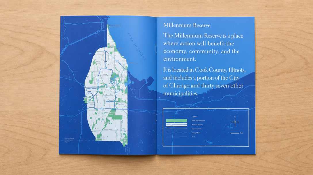 Open spread with a blue map of the Millennium Reserve in Cook County, Illinois, facing a page of large white serif text.