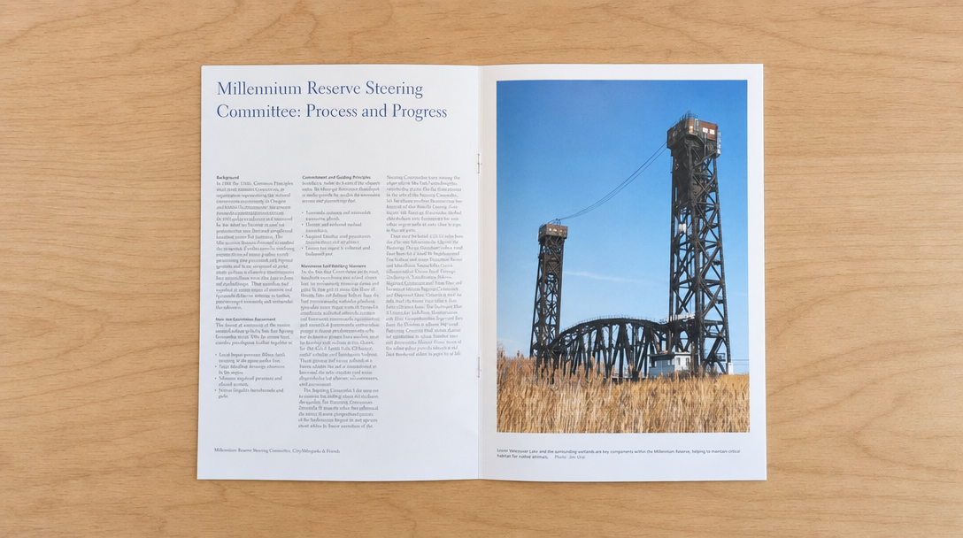 Open spread pairing a three-column article on the Millennium Reserve Steering Committee with a lift bridge photo.