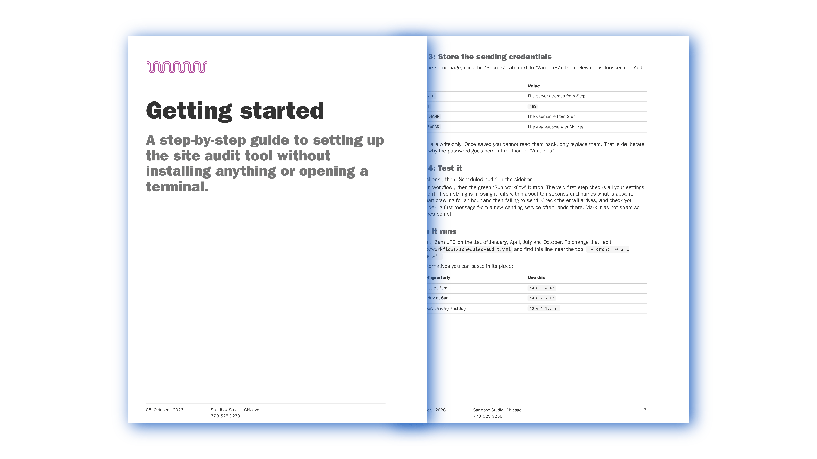 Two pages of a Doculator document. The cover has a magenta wave logo, the title &lsquo;Getting started&rsquo; and the subtitle &lsquo;A step-by-step guide to setting up the site audit tool without installing anything or opening a terminal.&rsquo; Beside it, page 7 continues the steps, with headings, settings tables and code, and a footer with the date and Sandbox Studio, Chicago.