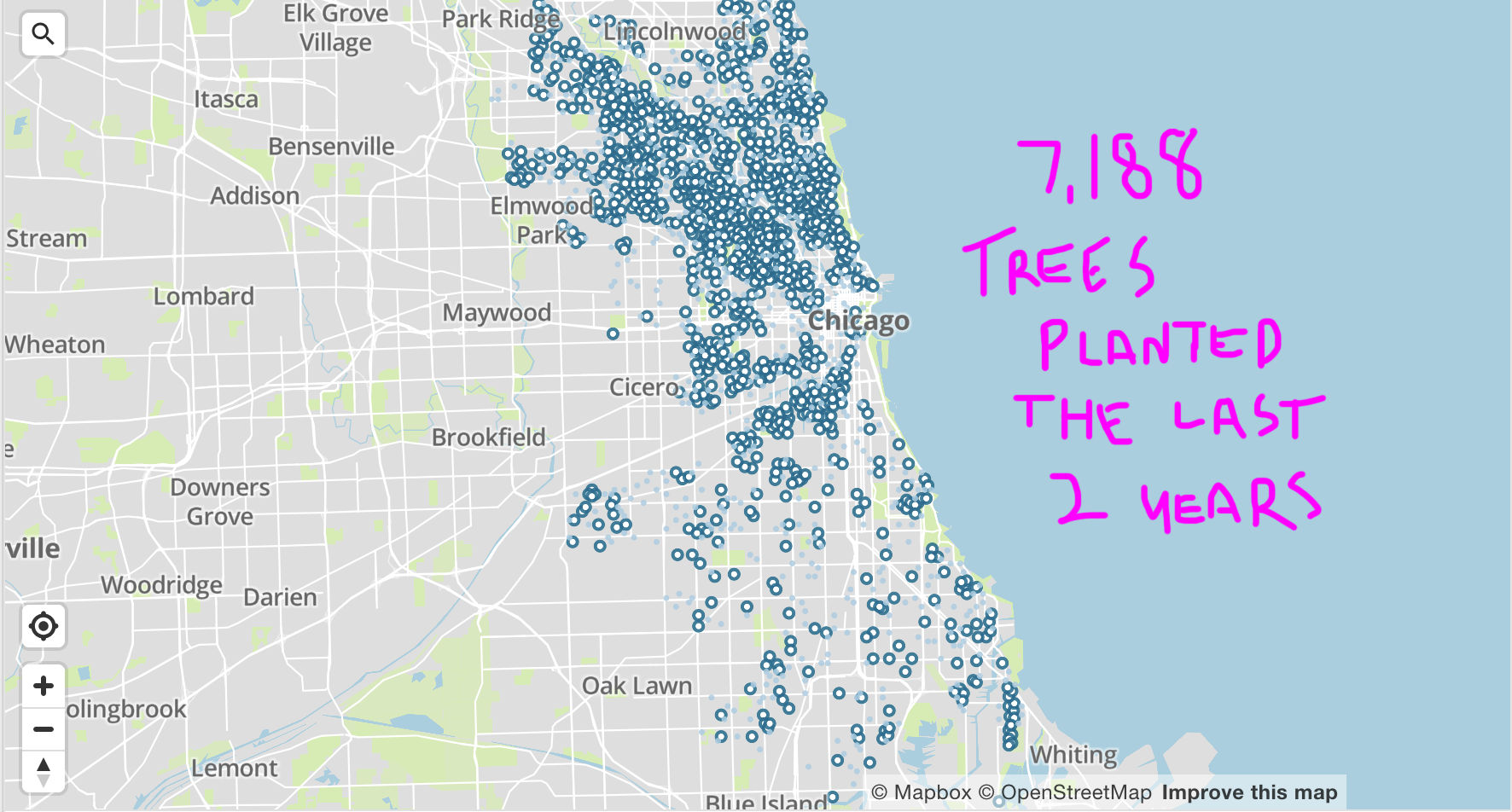 The same map with fewer, more scattered dots marking trees planted, again densest on the North Side. A handwritten pink note reads &ldquo;7,188 trees planted the last 2 years.&rdquo;