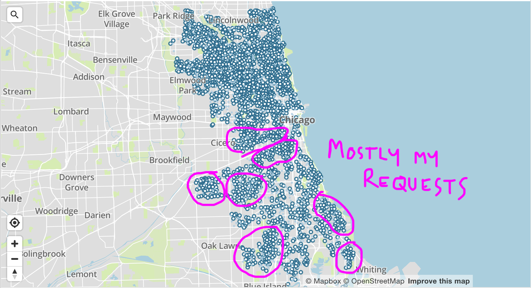 Map of Chicago covered in blue dots marking tree requests, densest on the North Side. Hand-drawn pink circles mark clusters on the South and Southwest Sides, with the note &ldquo;Mostly my requests.&rdquo;