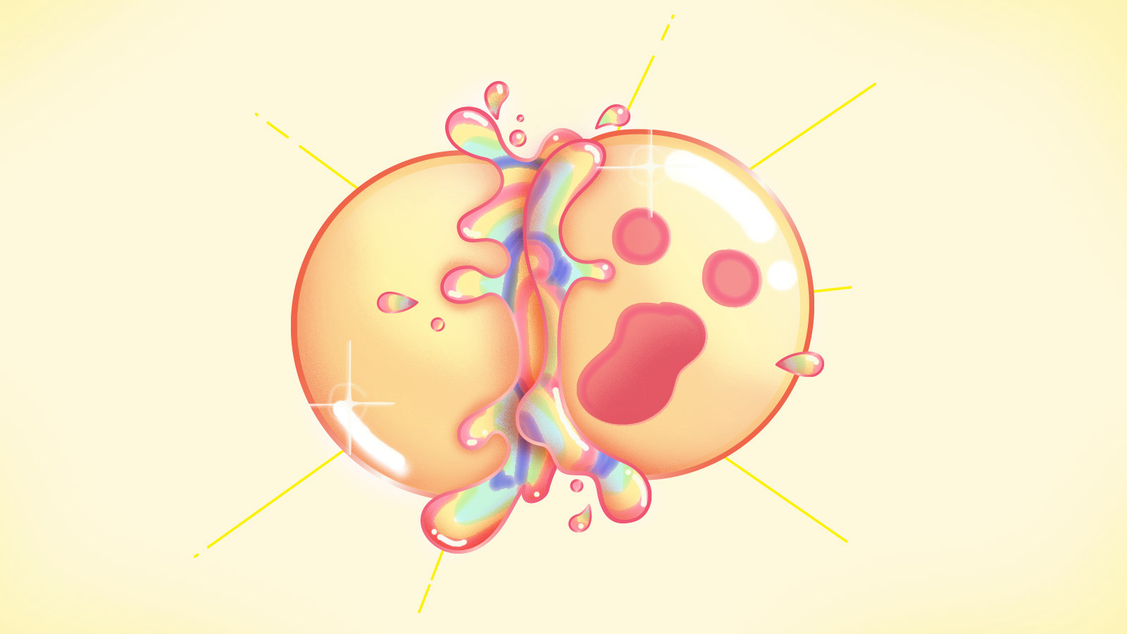 Two glowing peach spheres collide, bursting into an iridescent splash, with thin yellow rays radiating outward.