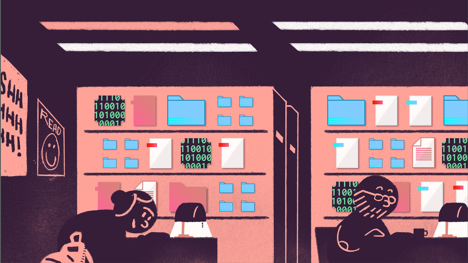 Two people work late at library shelves stacked with blue folders, documents and glowing binary code, under a SHHH sign.