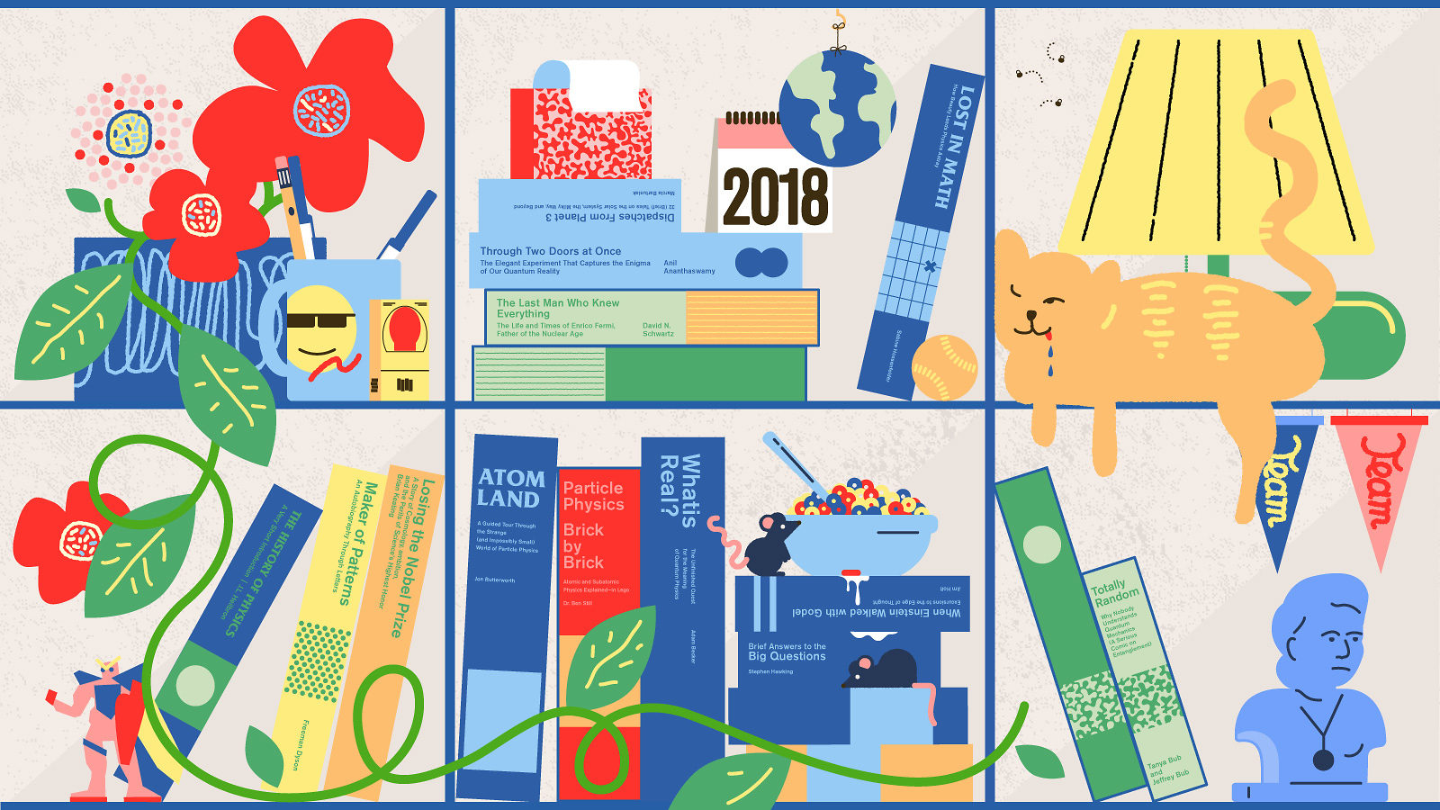 A bookshelf of 2018 physics titles, threaded with a trailing vine, red flowers, a sleeping ginger cat and two mice.