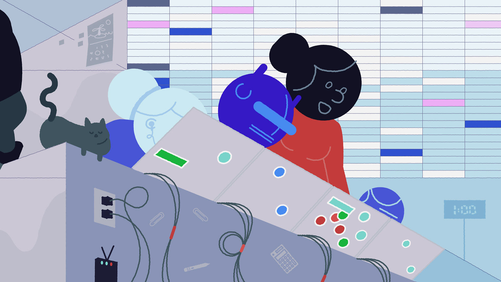 A woman and a blue robot share a control desk of colored buttons, a grey cat asleep beside them, data rows on the wall.