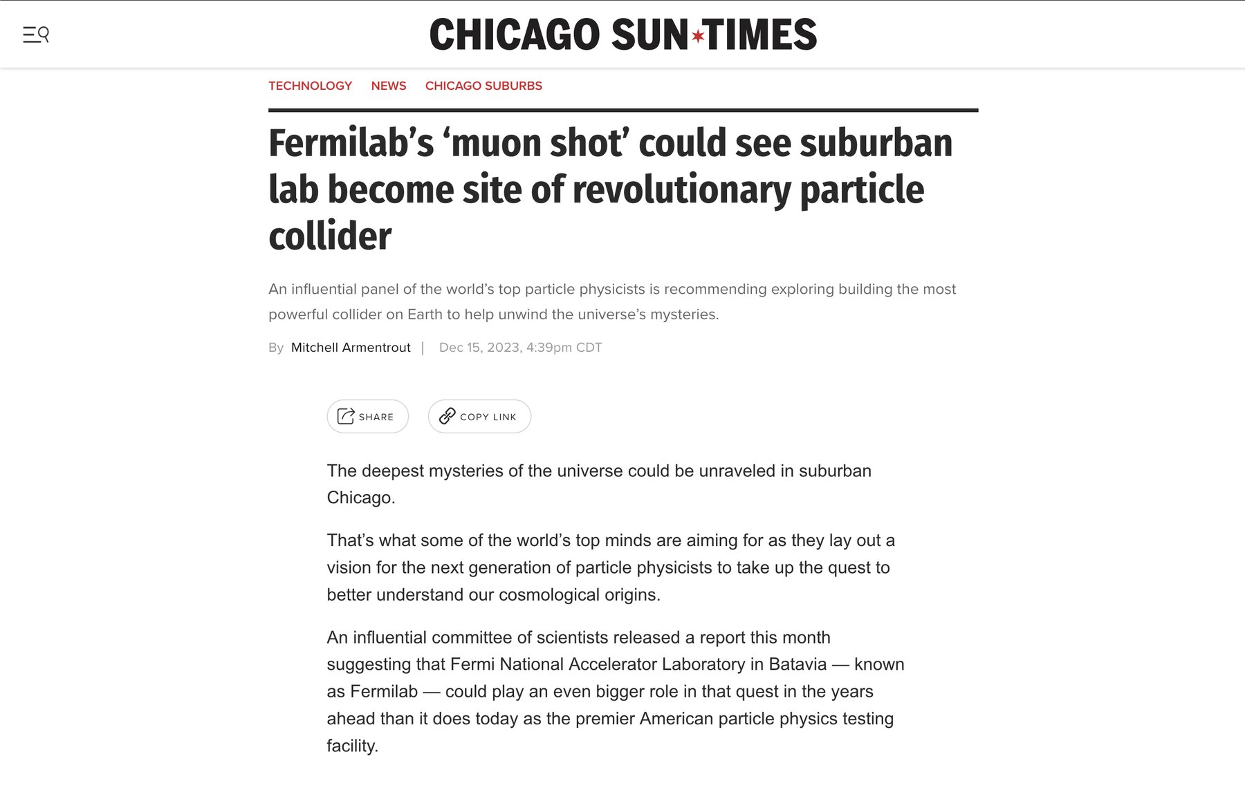 The Chicago Sun-Times: 'Fermilab&rsquo;s &lsquo;muon shot&rsquo; could see suburban lab become site of revolutionary particle collider'.