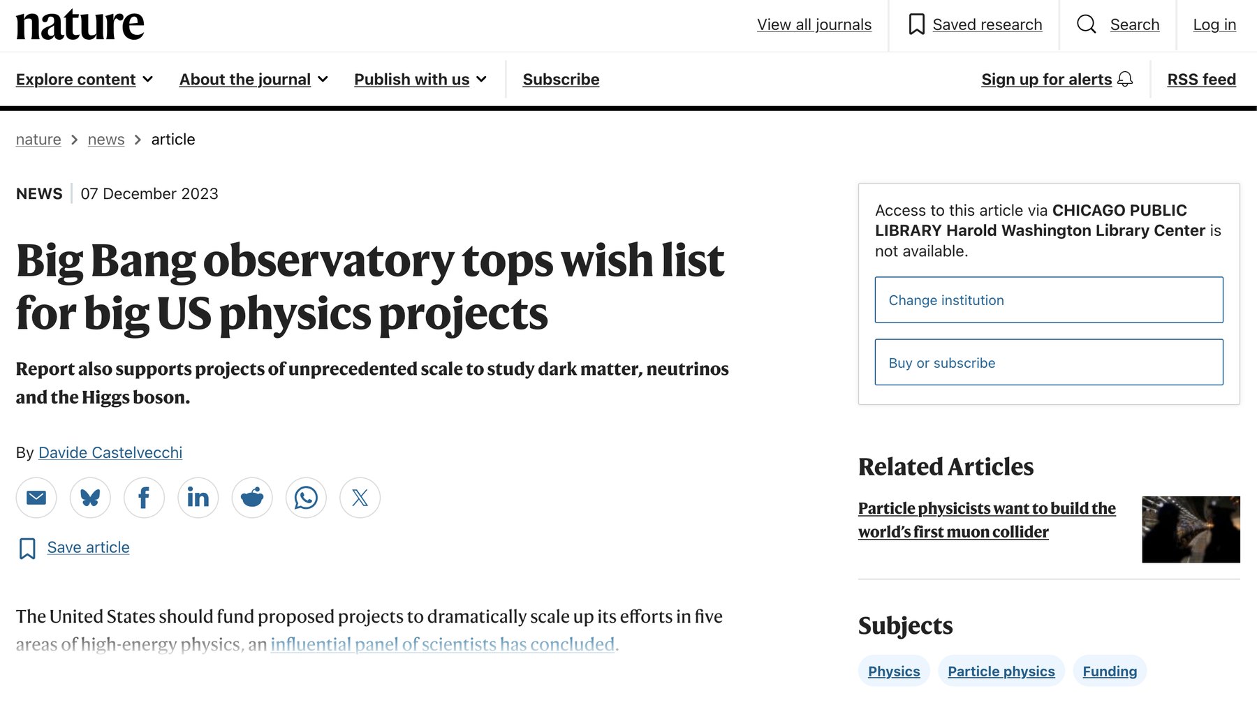 Nature news: 'Big Bang observatory tops wish list for big US physics projects', with the standfirst noting support for projects studying dark matter, neutrinos and the Higgs boson.
