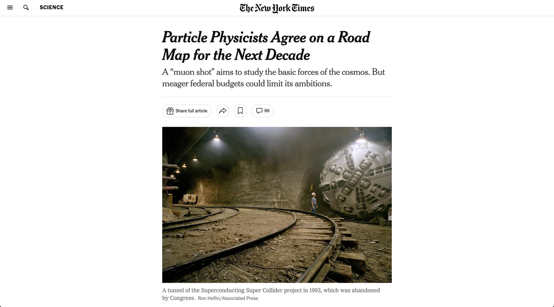 The New York Times science page: 'Particle Physicists Agree on a Road Map for the Next Decade', above a photograph of a tunnel of the abandoned Superconducting Super Collider with a boring machine at the end of the track.