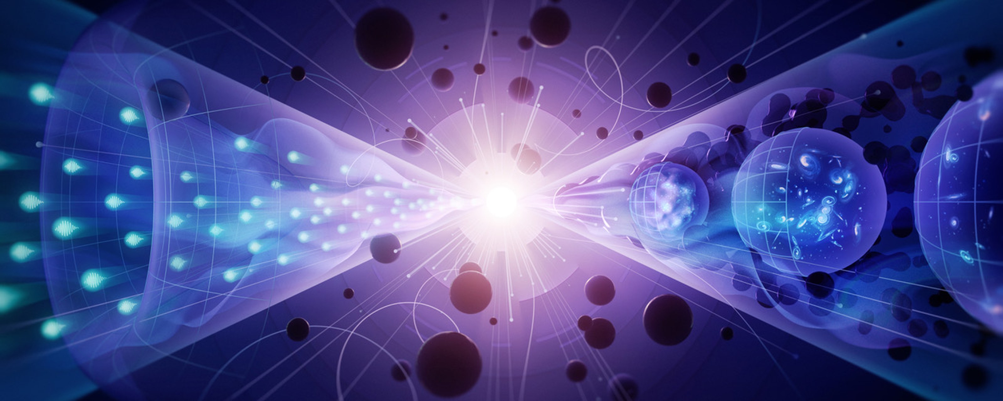 Illustration of a particle collision: a cone of cyan wave packets converging from the left into a white flash at the centre, with bubble-like spheres expanding away to the right through a field of dark particles.