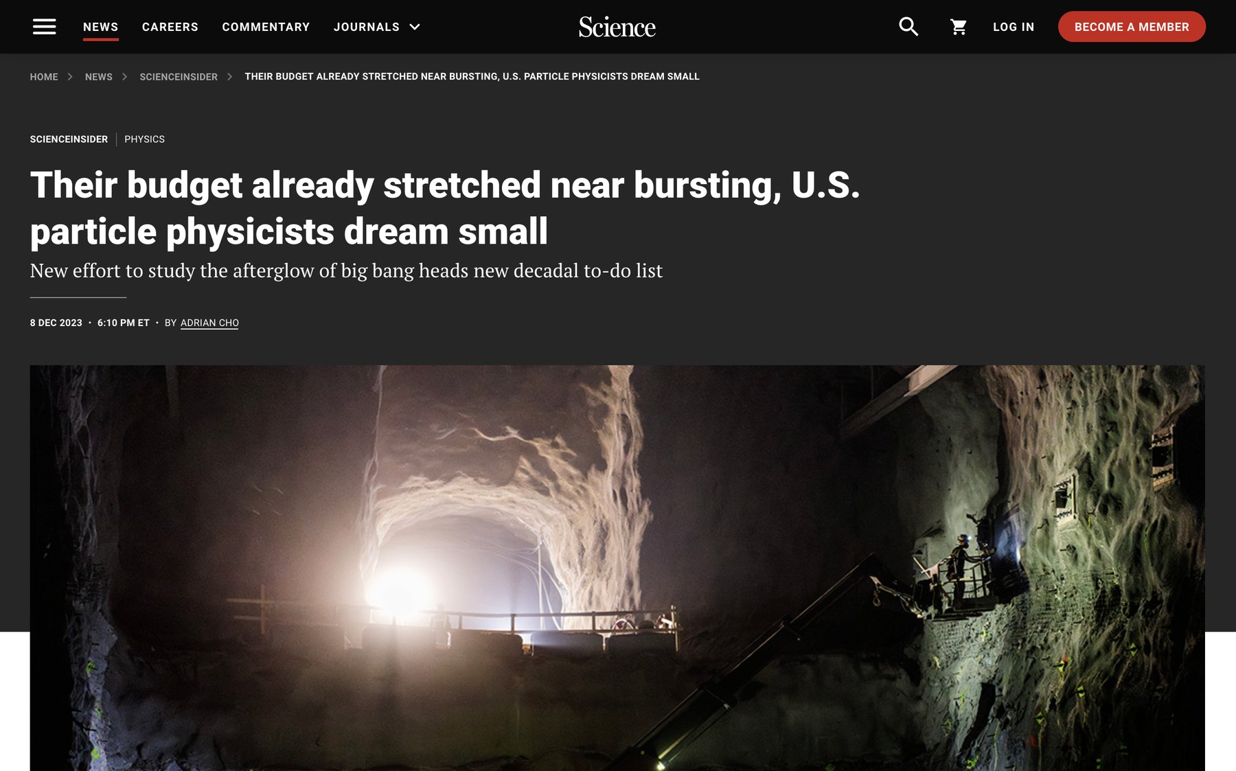 Science's ScienceInsider: 'Their budget already stretched near bursting, U.S. particle physicists dream small', above a photograph of an underground cavern lit by a work light.